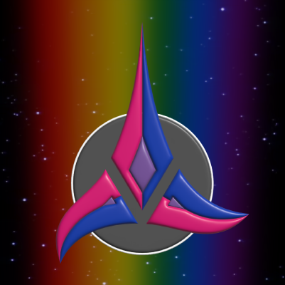 A Klingon emblem in bisexual pride colours.